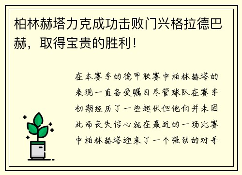 柏林赫塔力克成功击败门兴格拉德巴赫，取得宝贵的胜利！